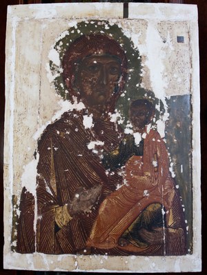 Состояние иконы после удаления записей и подведения левкаса. Ноябрь 2009 г. 10. Состояние иконы после удаления записей и подведения левкаса. Ноябрь 2009 г.